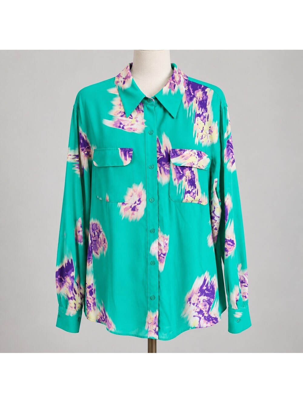 Equipment Femme Green Purple Abstract Print Blouse Estimated XL Silk